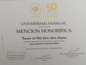 Mención Honorífica de la Universidad Anáhuac en la Especialidad de Derecho Militar