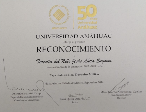 Reconocimiento de la Universidad Anáhuac en la Especialidad de Derecho Militar