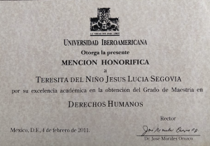 Mención Honorífica por la Universidad Iberoamericana en la Maestría de Derechos Humanos